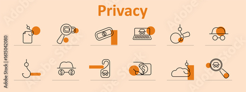 Privacy set icon. Displays document, magnifier, password, laptop, key, car, phishing hook, doorknob sign, eye mask, dollar coin, all styled in secure and minimal design