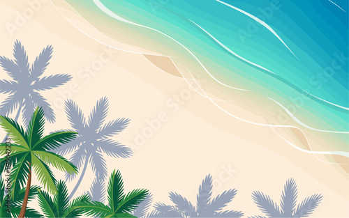 Aerial top view of A beautiful beach scene with palm trees and a blue ocean. The image has a calming and relaxing mood, as it depicts a peaceful and serene environment
