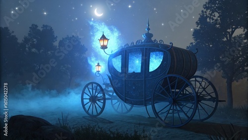 Enchanted Carriage Under Starry Sky with Mystical Blue Glow