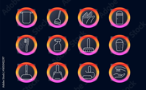 Cleaning set icon. Outlined tools like brush, gloves, bins, bottles, scrubbers, mops inside glowing gradient circles on dark background.