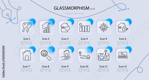 Real estate set icon. Keys, chart, heart, location marker, house in target, key, magnifier on house, hand, route, map pin