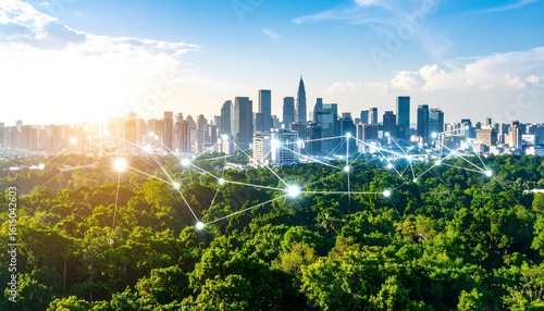 Fototapeta Naklejka Na Ścianę i Meble -  Lush green park contrasts with a modern city skyline, interconnected by a network of glowing nodes
