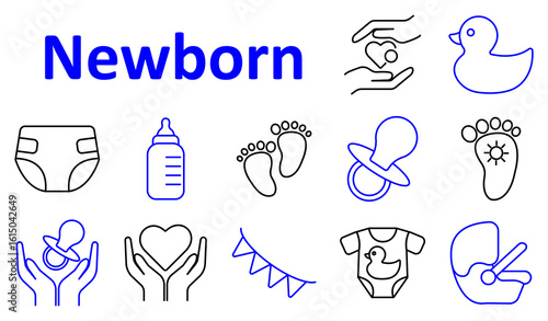 Newborn set icon. Outline icons showing diaper, baby bottle, pacifier, feet, rubber duck, onesie, car seat, hands, heart, garland, and nurturing symbols related to infants.