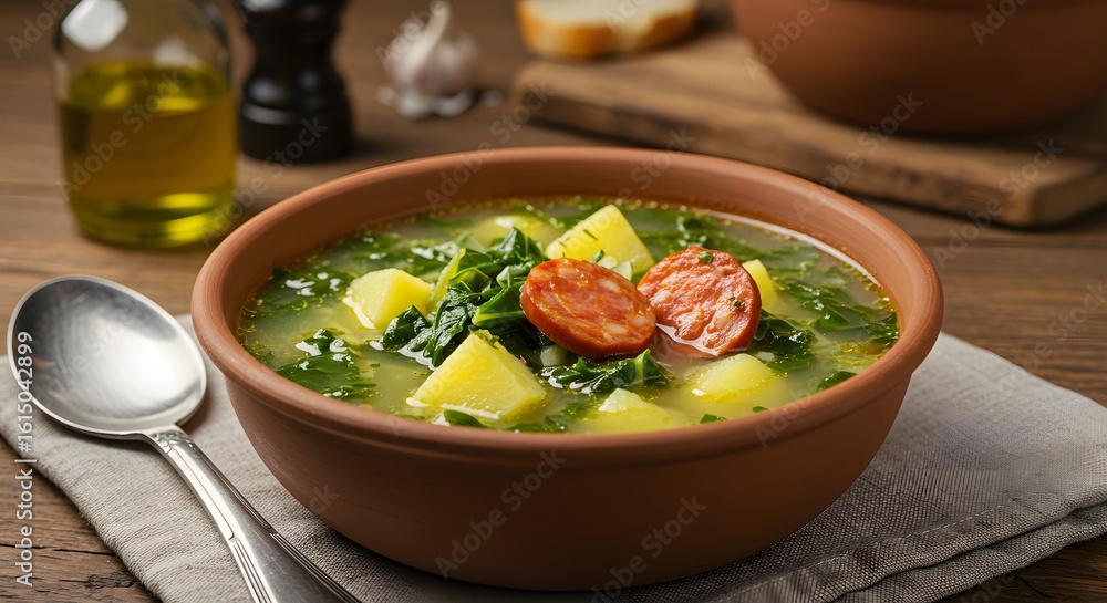 Hearty Greens Soup: A warm, inviting scene showcases a bowl of rich green soup, brimming with fresh greens and hearty potatoes, complemented by slices of savory sausage. Hearty Greens Soup: A warm, inviting scene showcases a bowl of rich green soup, brimming with fresh greens and hearty potatoes, complemented by slices of savory sausage.