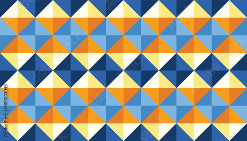 Vibrant geometric pattern composed of symmetrical triangles in warm and cool tones