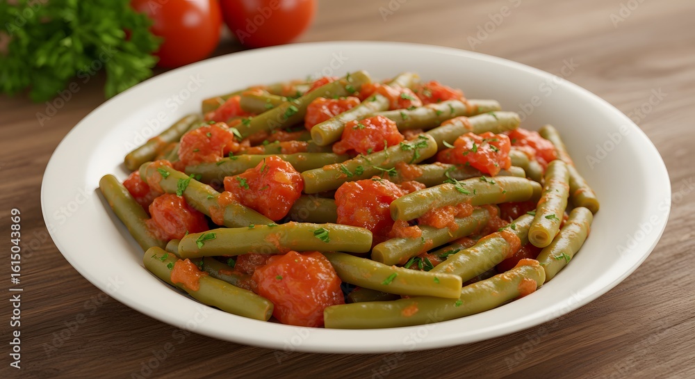 Healthy Tomato and Green Bean Dish: a culinary masterpiece showcasing a plate of vibrant green beans and juicy tomatoes, a testament to a delightful, fresh, and nutritious dining experience. Healthy Tomato and Green Bean Dish: a culinary masterpiece showcasing a plate of vibrant green beans and juicy tomatoes, a testament to a delightful, fresh, and nutritious dining experience.
