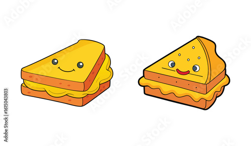 Two cheerful grilled cheese sandwiches with happy faces presented isolated on white background