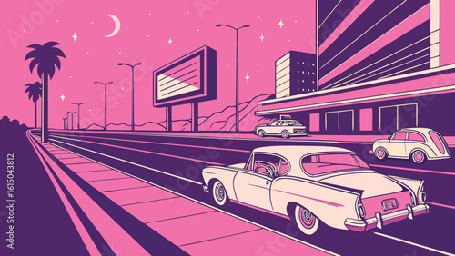 Retro city scene with classic cars on a road under a pink sky with palm trees and billboard at night time