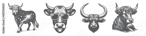 Vintage Hand-Drawn Heck Cattle Wearing Sunglasses Collection Illustration, Cool Livestock Engraved Style Vector for T-Shirts and Farm Life Themes Design