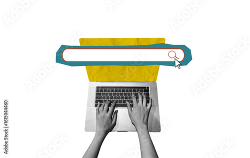 Collage art of a hand searching on a laptop. Modern, digital, creative style. Great for use in tech-related projects, online research themes, digital marketing, editorial design, and social media.