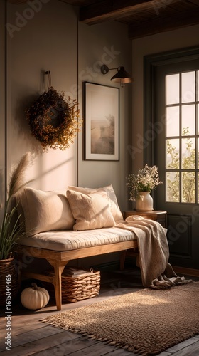 Warm neutral interior with rustic wooden bench, fall wreath, pampas grass, white pumpkin and soft sunlight. Minimalist Thanksgiving home decor with cozy and natural styling.