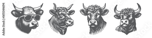 Vintage Hand-Drawn Heck Cattle Wearing Sunglasses Collection Illustration, Cool Livestock Engraved Style Vector for T-Shirts and Farm Life Themes Design