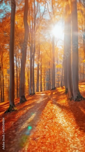 Sunlight streams through a vibrant autumn forest.  Golden leaves carpet the path