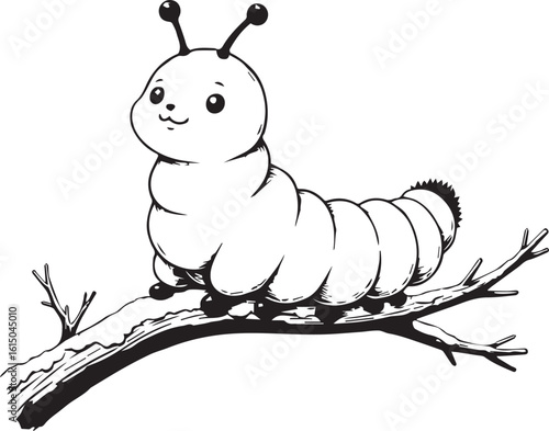 Cheerful Caterpillar on Branch: A whimsical black-and-white illustration presents a cute caterpillar, perched serenely on a tree branch, exuding joy and innocence.