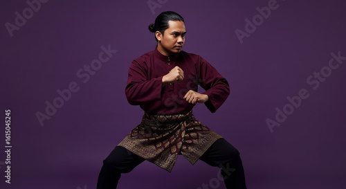 Confident Malaysian man in traditional attire showcasing martial arts pose against purple backdrop