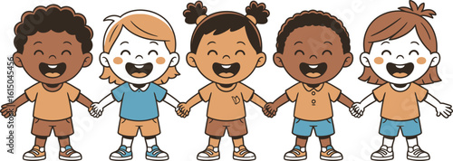 Group of diverse cartoon children holding hands smiling