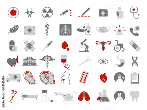 medical hospital nursing vector symbols icon sheet  isolated grey red