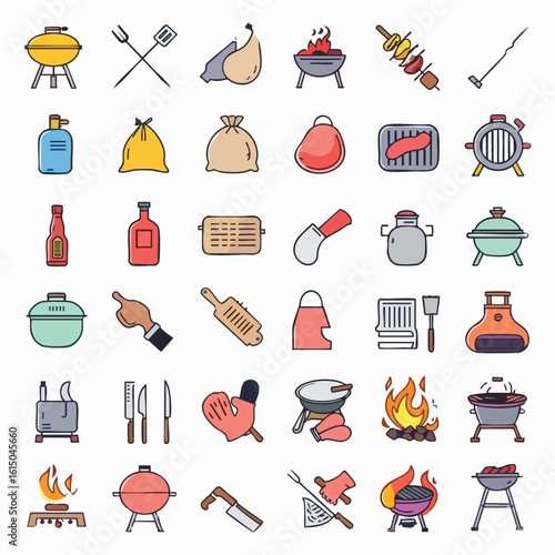 Various Barbecue and Grilling Equipment Icons.