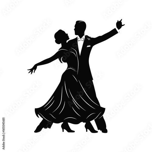 Elegant Ballroom Dancers Silhouette Couple in Classic Pose Black and White Vector Illustration