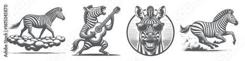 Vintage Hand-Drawn Zebra Wearing Sunglasses Collection Illustration, Cool Animal Engraved Style Vector for T-Shirts and Safari Themes Design