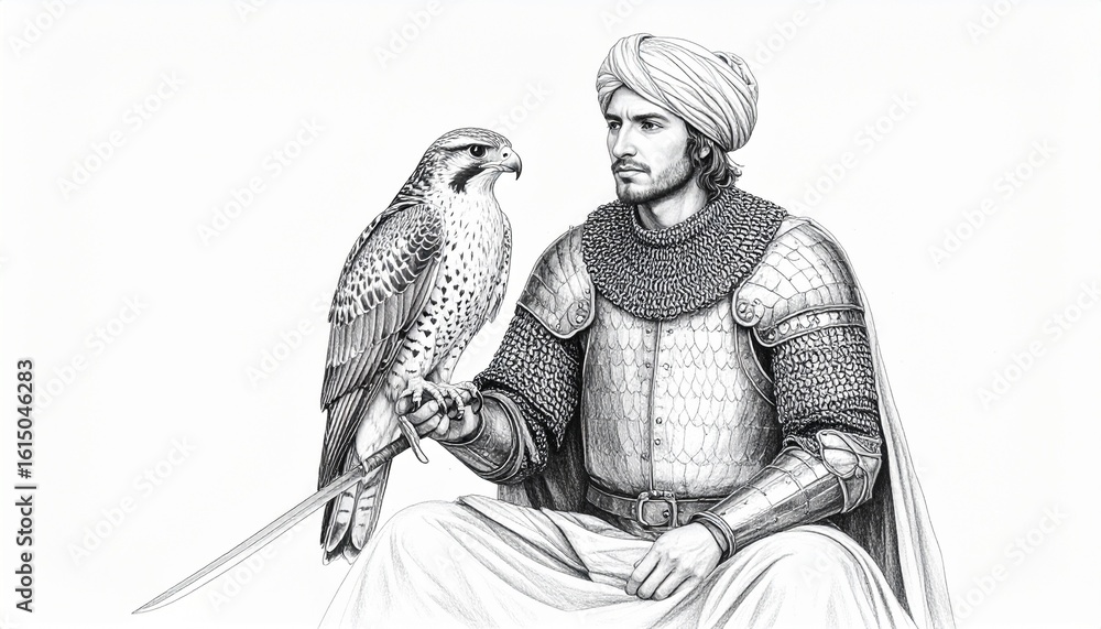 Fototapeta premium A grayscale drawing of a falconer, a man in medieval armor, holding a peregrine falcon.