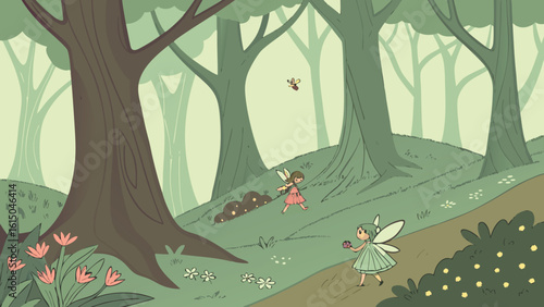 Illustration of a forest scene with fairies flowers and trees in a whimsical and cartoonish style art