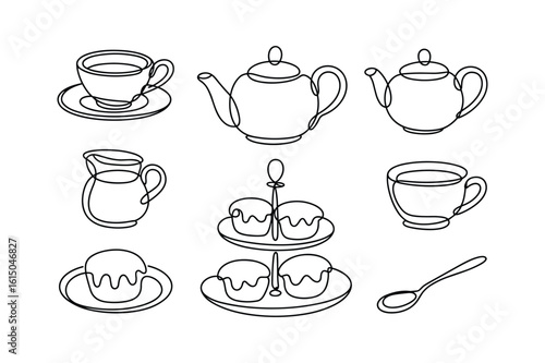 Tea set with cups teapots creamer and cakes saucers