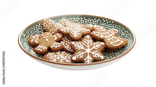 • A plate of gingerbread cookies with icing for Christmas, isolated on white background in HD 