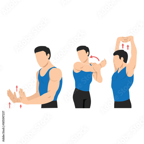 Man doing three key stretches targeting the arms, shoulders, and upper back. Flat vector illustration isolated on white background