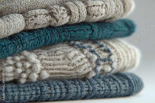 Soft knitted textile stack in cream and teal tones  

