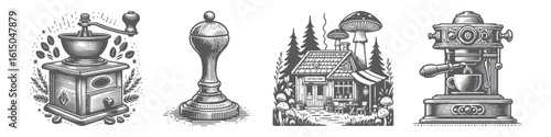 Vintage Hand-Drawn Coffee Grinder Collection Illustration, Classic Equipment Engraved Style Vector for T-Shirts and Café Themes Desi