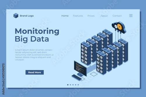 Isometric monitoring big data storage landing page. Data transmission technology. Online hosting technology concept. Isometric technology