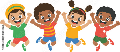 Diverse group of happy cartoon children jumping with joy