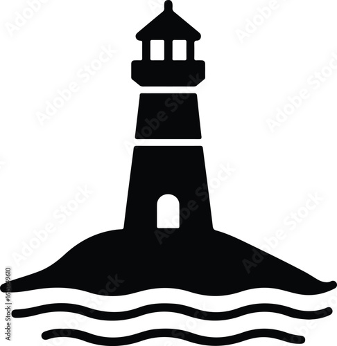 Silhouette lighthouse on small island with water waves vector illustrator
