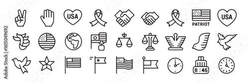 Unity & Symbol icons for Patriot Day – 30 USA outline icons for remembrance
