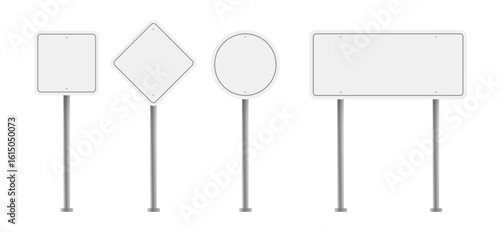 Realistic vector set of blank road signs on metal poles in various shapes and sizes. Ideal for traffic design, navigation mockups, warning messages, and informational layouts