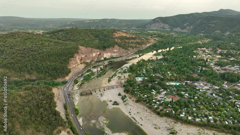 Ardèche River Landscape Aerial View with Camping Site Southern France Ardèche River Landscape Aerial View with Camping Site Southern France