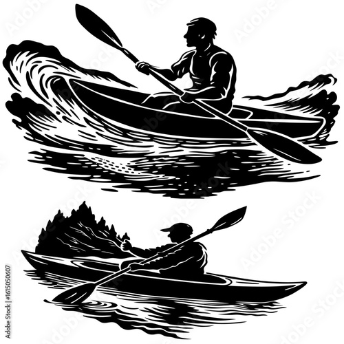 Kayaking Silhouette of Person Paddling on Water – Outdoor Adventure Icon

