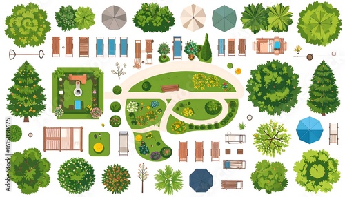 Top-down view of a park design with various elements