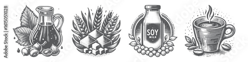 Vintage Hand-Drawn Soy Milk Collection Illustration, Plant-Based Drink Engraved Style Vector for T-Shirts and Vegan Themes Design