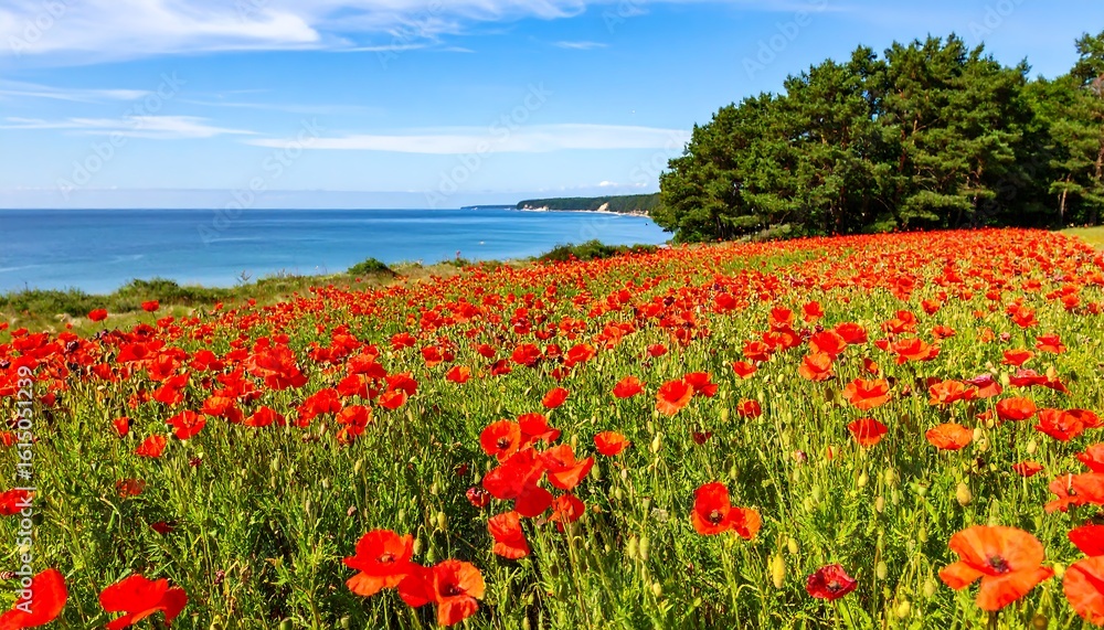 Fototapeta premium Coastal poppy field under blue sky