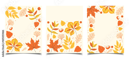 collection of minimalist posters, templates, and postcards with autumn leaves