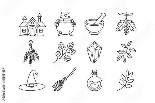 Witchcraft elements including a house cauldron mortar crystal hat broom and potion