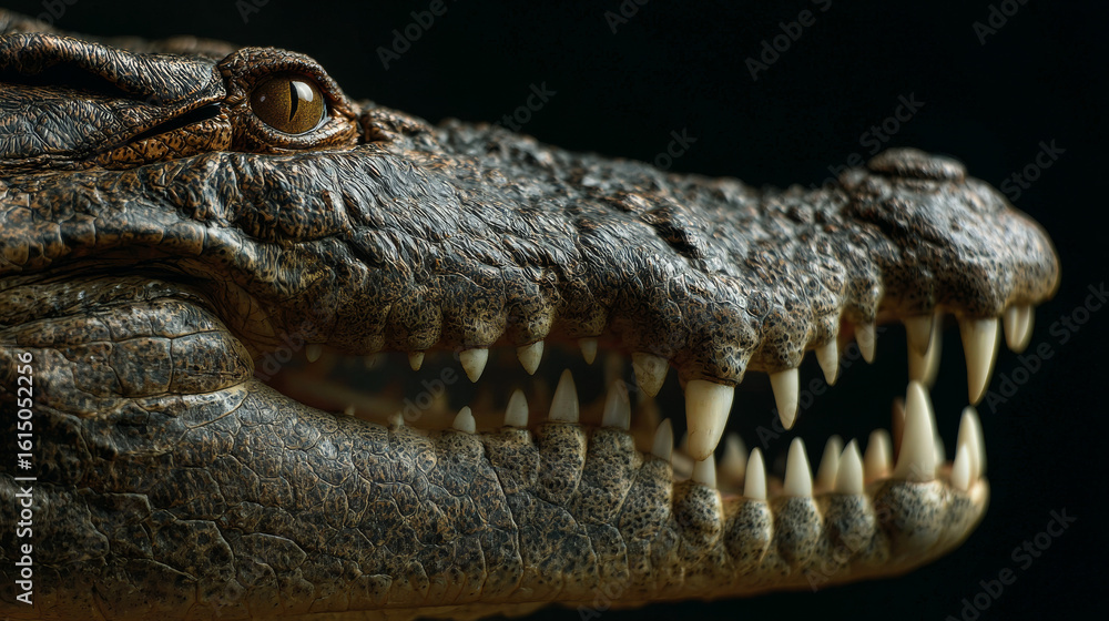 Obraz premium Up-close image of a Nile crocodile's mouth, emphasizing its rough-textured skin and sharp, jagged teeth. 