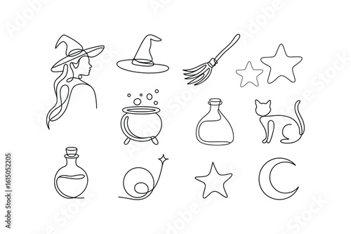 Witchcraft elements line art with witch hat cauldron broom cat stars potions and moon