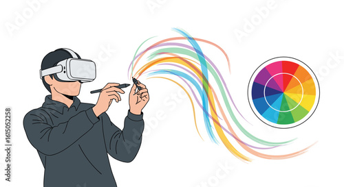 A person wearing a VR headset and drawing colorful strokes with a stylus, exploring virtual reality and creative design on a white background.