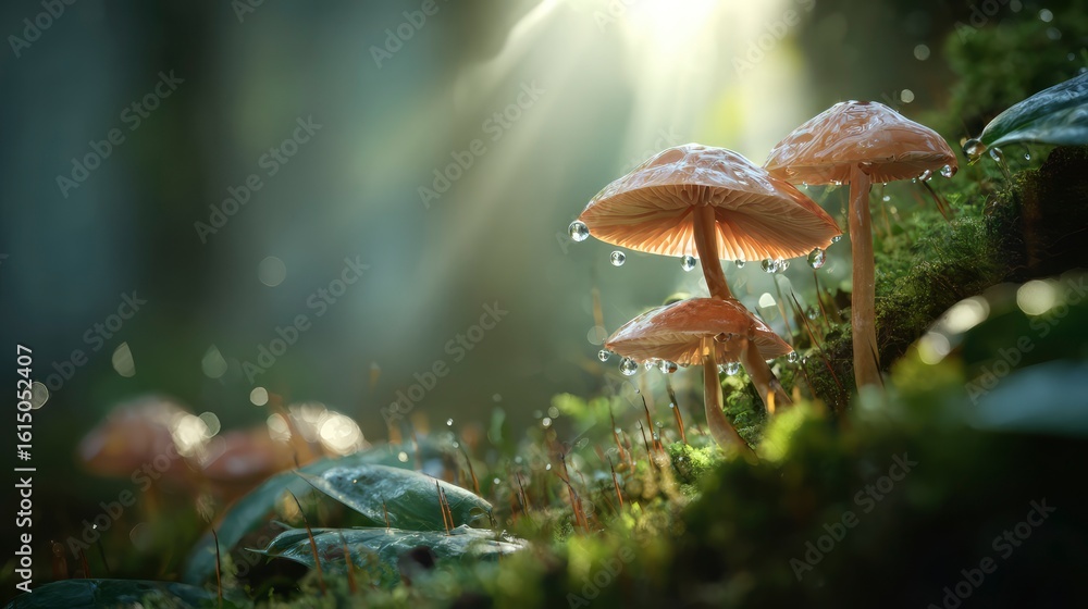 Fototapeta premium Close-up macro shot of edible mushrooms growing from mossy forest floor, morning dew drops, sun rays filtering
