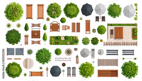 Top-down view of garden design elements