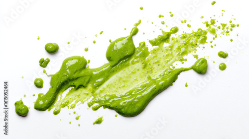Wasabi stains and green sauce splashes viewed from above on a white background. 