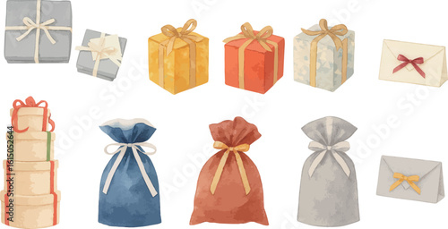 Watercolor Gift Box and Wrapping Bag Illustration Set – Present Envelopes and Ribbons